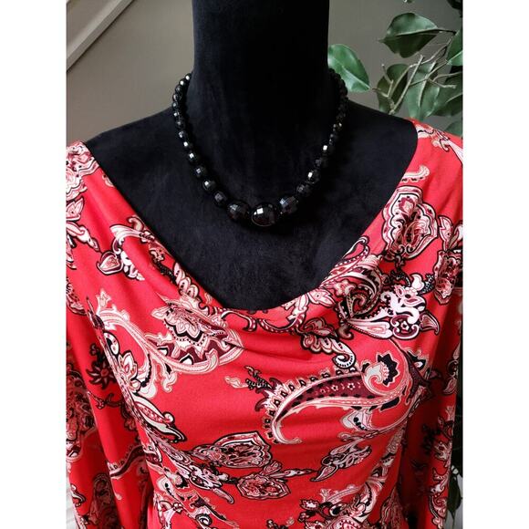 7th Avenue Blouse Women L Red Paisley Stretch Long Sleeve Ruched Cowl Neck Top - Picture 4 of 13